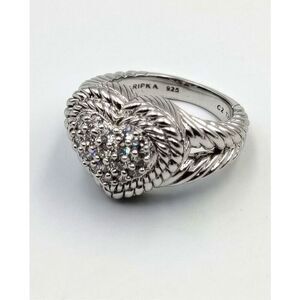 JUDITH RIPKA Sterling 925 Sparkling CZ Pave Heart Double Rope Cable Band Ring
